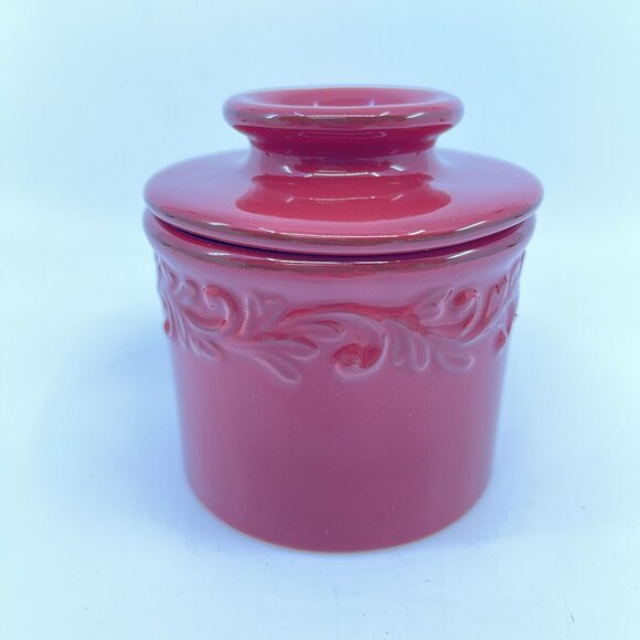 vintage red ceramic butter keeper with embossed floral design - Picture 2 of 7